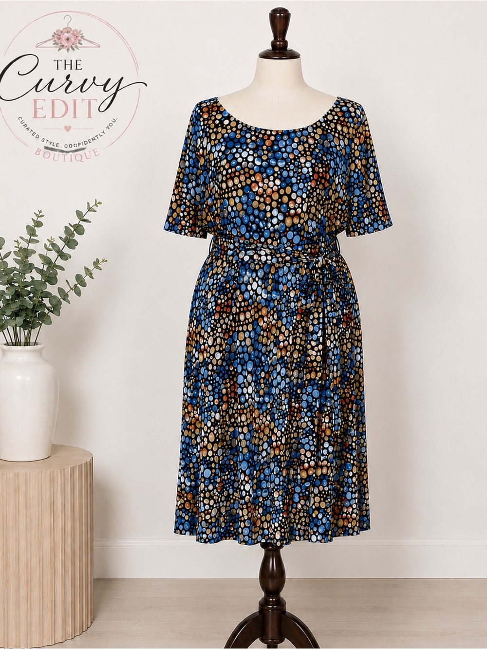 Kasper 20W Polka Dot Midi Dress Belted Blue Tan Black Career Plus Classic Chic
